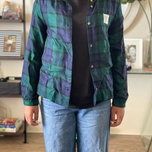 NWT! Old Navy Green/White Plaid Long Sleeve, SZ 14